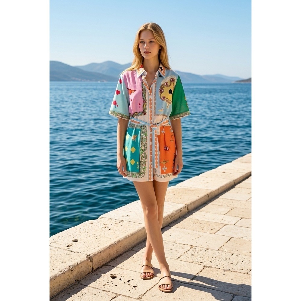 TFY Collection Playing Card Print Shirt Dress Multi Color Mini Belted New Tag